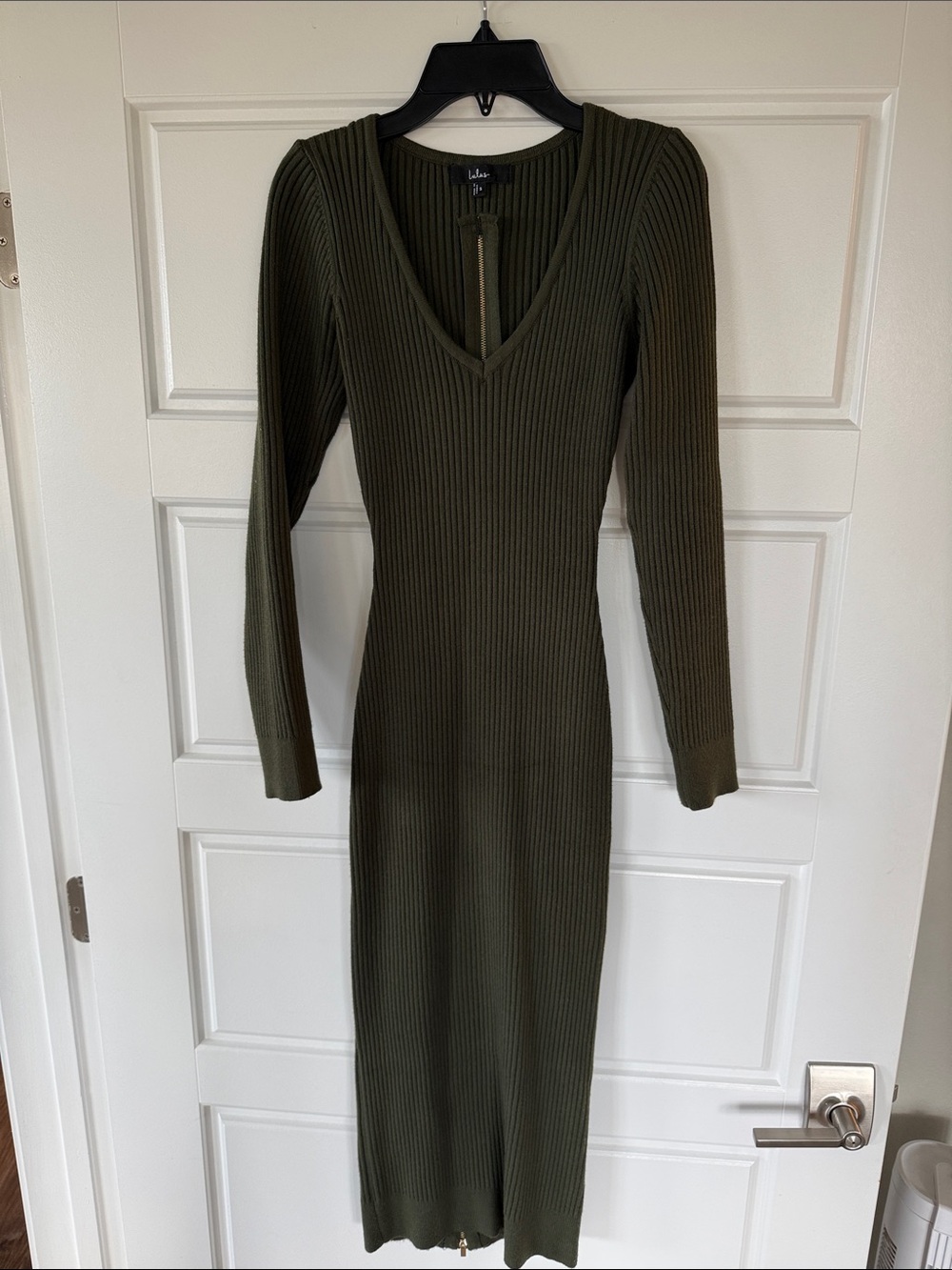 Lulu's Olive Ribbed V-Neck Long Sleeve Midi Sweater Dress